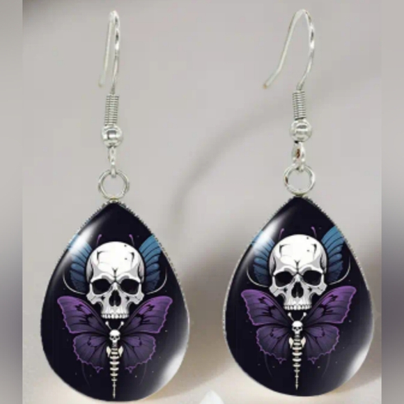 purple black butterfly earrings Skull Butterfly Drop Whimsigoth, Fairycore Goth - Picture 1 of 4